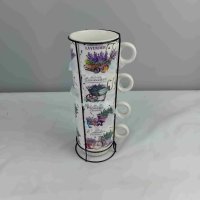 Комплект 4 чаши за кафе със стойка - лавандула, снимка 1 - Чаши - 44397092