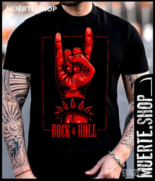 Черна тениска с щампа ROCK N ROLL SIGN, снимка 1
