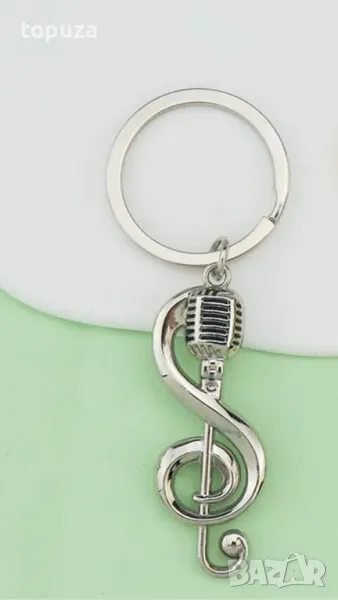 метален хромиран ключодържател ключ Сол с микрофон, снимка 1
