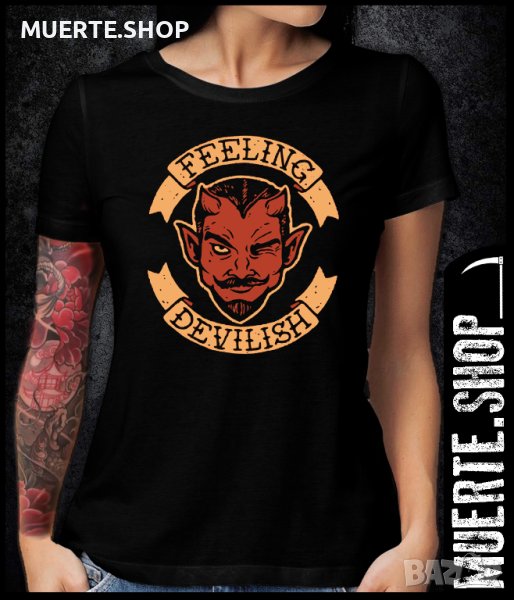 Черна тениска с щампа FEELING DEVILISH, снимка 1