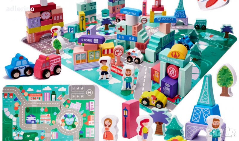 Комплект дървени блокове Град 3, образователен градски пъзел, 128 елемента, креативна детска игра, снимка 1