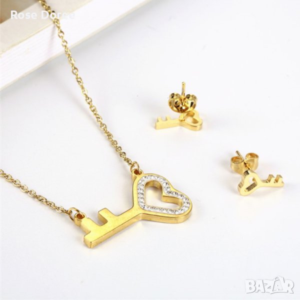  RD 338 Комплект Ключе за Сърцето бижута обеци и колие в златисто медицинска стомана , снимка 1