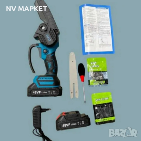 Акумулаторен трион за дърво и клони UKC 48V – 6″ верижна резачка с 2 батерии и 2 вериги, снимка 4 - Градинска техника - 53839617