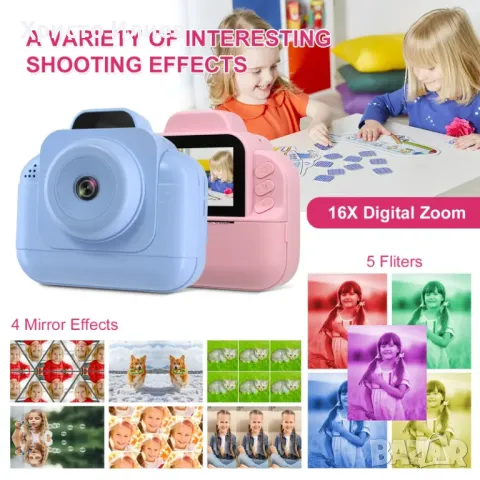 Детски фотоапарат за моментни снимки с дисплей мини термален Принтер с хартия комплект Розов Син, снимка 4 - Фотоапарати - 49648947