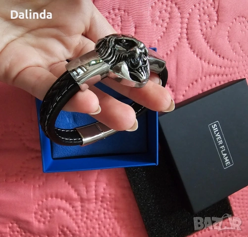 Мъжка гривна от естествена кожа, сребро и стомана. , снимка 4 - Гривни - 53443523