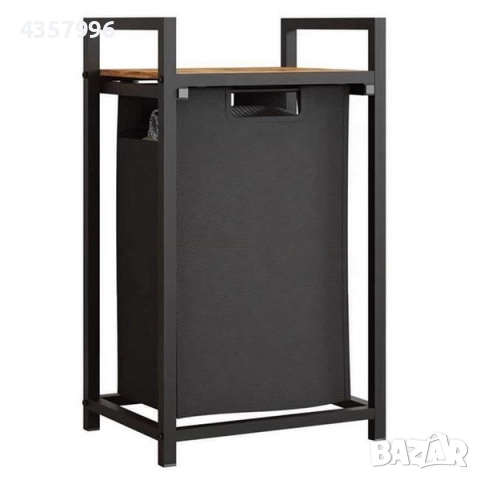 Декоративен кош за пране с дървен рафт, Метал, Черен 