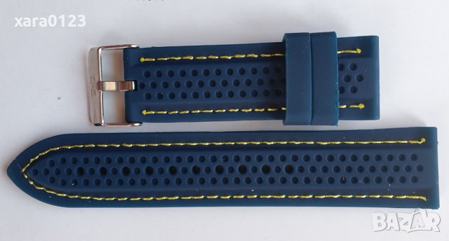 Синя силиконова каишка с жълт конец 24мм., снимка 2 - Каишки за часовници - 41689540