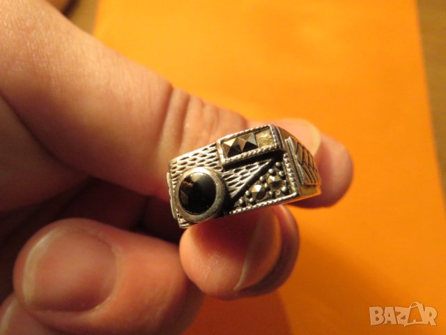 Старинен красив мъжки сребърен пръстен с черен оник  заслепяващи маркенази - прекрастна изработка за, снимка 3 - Пръстени - 41937931