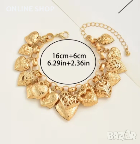 Елегантна Гривна Огледална Любов – 14K Златно Покритие и Нежни Сърца, снимка 5 - Гривни - 53715750