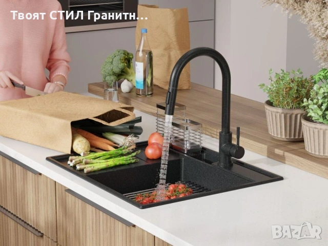 Графит гранитна кухненска мивка Сидни 620-45 Pocket Ergo Multilevel, снимка 10 - Мивки - 53813031