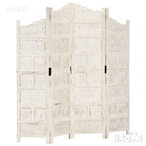 vidaXL Ръчно резбован параван, 4 панела, бял, 160x165 cм(SKU: 285327)