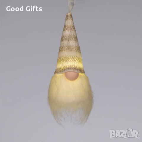 LED Светещ коледен гном с шапка и бяла брада, 15см