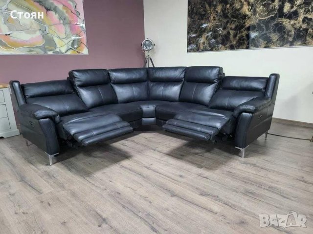 Черен кожен ъглов диван с електрически релаксиращ механизъм, снимка 2 - Дивани и мека мебел - 42514542