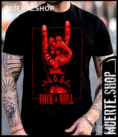 Черна тениска с щампа ROCK N ROLL SIGN