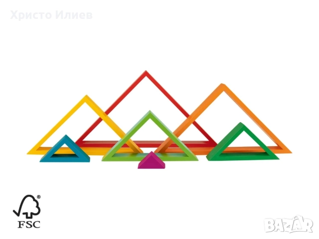Дървен конструктор Пъзел Цветни триъгълници за подреждане Монтесори, снимка 4 - Образователни игри - 47592669