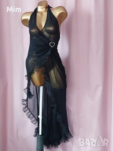 S Черен ефирен халат / нощница/ с къдри