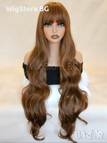 Дълга кафява къдрава перука с бретон 90см светло кестенява