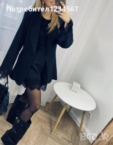 Нов черен блейзър с дантелени ръкави/ сако + къси панталони, снимка 4 - Сака - 53021986