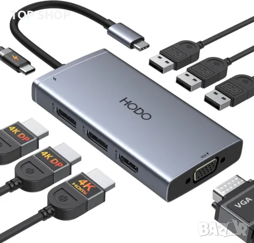 Докинг станция HODO USB C с 2 DisplayPort,HDMI,VGA,PD 100W,3хUSB A 2.0 порта