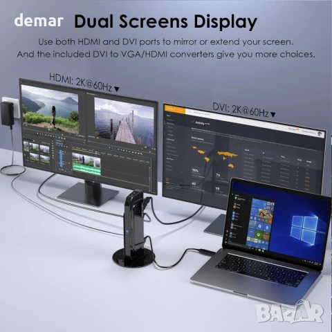 Докинг станция за лаптоп WAVLINK, за два монитора, HDMI+DVI/VGA/HDMI, 2* USB 3.0, 4* USB 2.0, снимка 3 - Друга електроника - 50443695