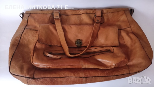 Pieces маркова пътна чанта от естествена кожа цвят коняк, снимка 5 - Чанти - 52324709