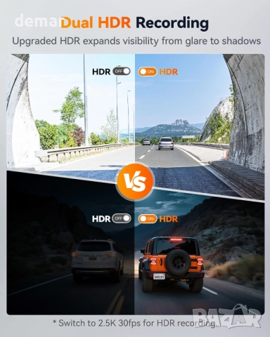 WOLFBOX 60FPS Видеорегистратор, 2.5K+1080P предна и задна камера, снимка 7 - Камери - 51688771