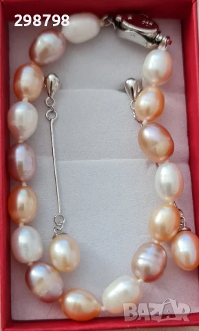 Комплект гривна и обеци от розови естествени перли и сребро