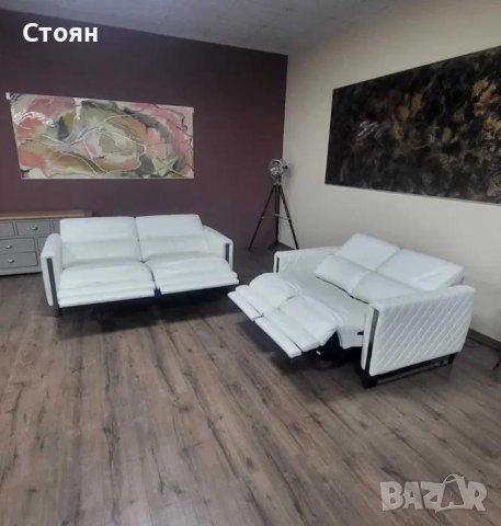 Бял кожен комплект дивани тройка и двойка с релаксиращ механизъм, снимка 3 - Дивани и мека мебел - 42422381
