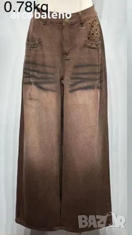 Дамски широки кафяви дънки (Baggy Jeans) с ефект на измиване (sandblast) , снимка 3 - Дънки - 50154490