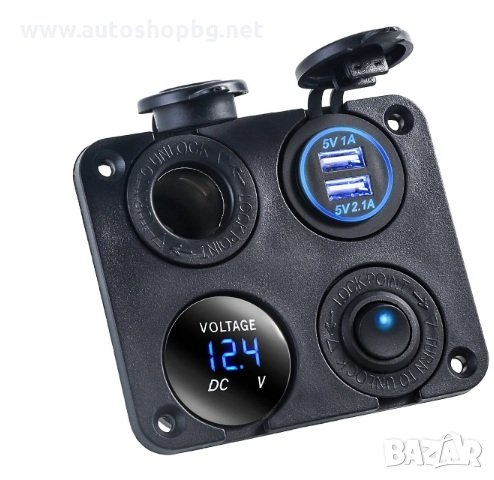 Панел за вграждане 4в1- 2 USB порта, гнездо за запалка+ волтметър