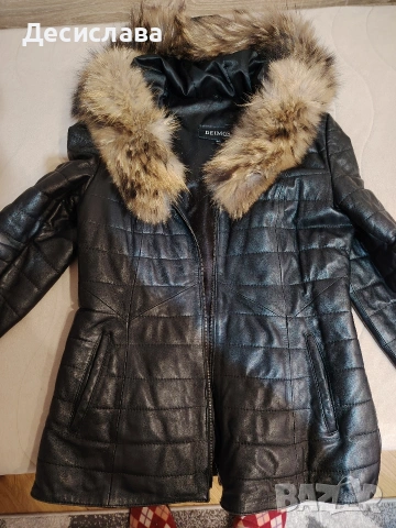 дамско яке от естествена кожа и естествен пух на качулата, снимка 2 - Якета - 53569689
