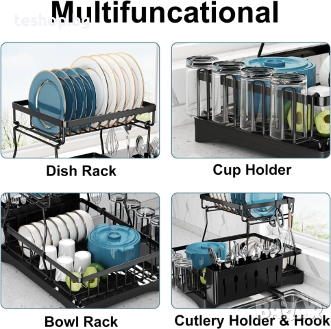 Сушилник за съдове, 2-етажeн, неръждаема стомана, черен Doitsf, снимка 5 - Сушилници - 52396568