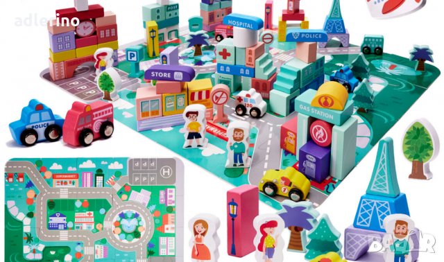 Комплект дървени блокове Град 3, образователен градски пъзел, 128 елемента, креативна детска игра