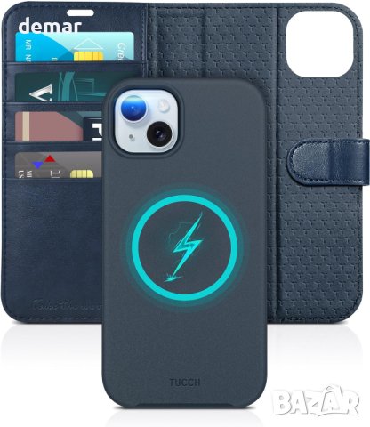 Калъф TUCCH за iPhone 15 Plus (6,7") 2023, 2 в 1 портфейл, тъмно син
