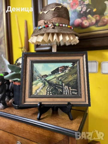 Маслена картина върху фазер  Изобразяваща живописен планински пейзаж с  къщи