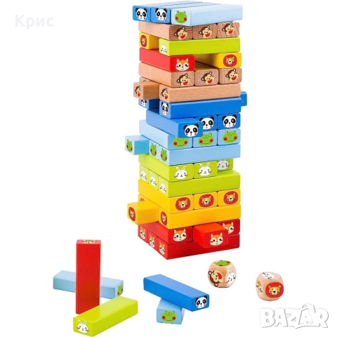 Игра Нестабилна кула Jenga, Монтесори, дървена, с Животни, 51 части, снимка 5 - Образователни игри - 52556275