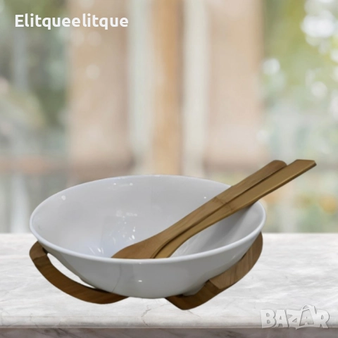 Луксозен комплект за салата с керамична купа и дървени аксесоари, снимка 6 - Други стоки за дома - 52186367