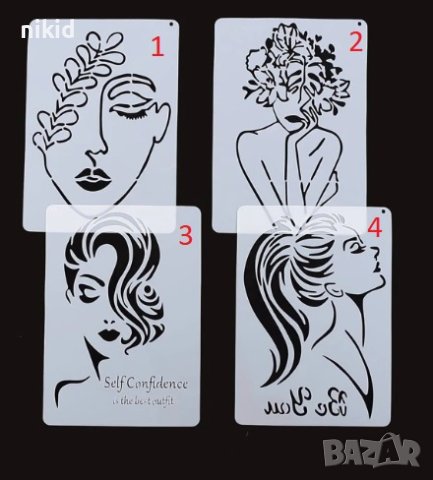 4 Вида Женско дамско лице жена прическа стенсил шаблон за спрей за торта украса Scrapbooking