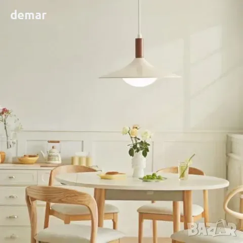 Кремава висяща LED лампа с плосък метален абажур, 35 см, снимка 5 - Лед осветление - 55955481