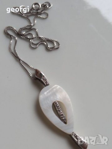 Италианско сребърно колие със седеф и цирконии 