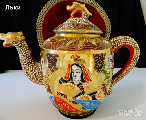 Кана японски порцелан Satsuma,Дракон,злато,1.5 литра. , снимка 4 - Антикварни и старинни предмети - 51636022
