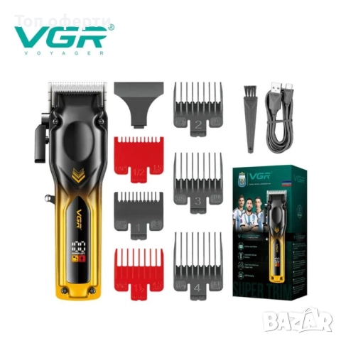 Машинка за Подстригване VGR V-656 – Професионална, С Метален Корпус, LED Дисплей и 6 Приставки, снимка 2 - Друга електроника - 52671154