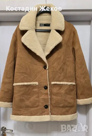 Ново. Дамско кафяво палто от изкуствен велур и изкуствена овча кожа (faux shearling) . ZARA