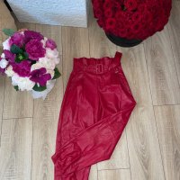 Нови кожени червени панталони тип лек потур висока талия бордо , снимка 2 - Панталони - 41044644