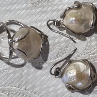 Сребърен комплект обеци с пръстен с натурални перли , снимка 2 - Бижутерийни комплекти - 44231258