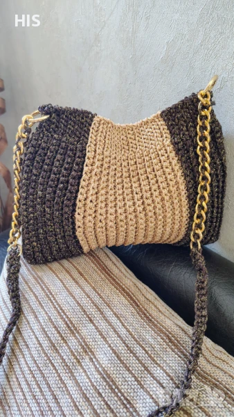 Плетени чанти с дълга дръжка, златно с кафяво, снимка 1