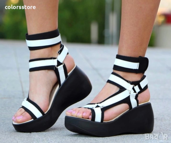 Сандали на плаформа - черно и бяло лак с черно ходило - SK017, снимка 1