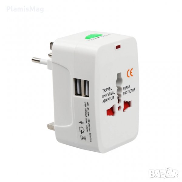 Универсален преходник - зарядно, 2xUSB, 1.0A, EU/US/UK/AU към EU/US/UK/AU, 220V, снимка 1