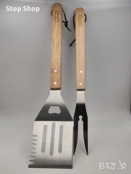BBQ сет стомана дървен вилица и шпатула , снимка 1