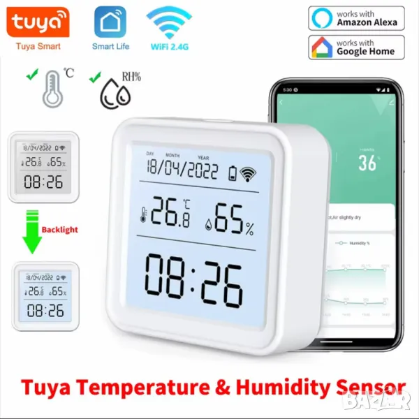 Tuya Smart/Smart Life WiFi Сензор за температура и влажност с дисплей и LED-подсветка, снимка 1